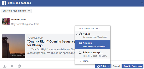 Screen capture of Share of Facebook window with Public selected from the right bottom menu listing “Who should see this?”