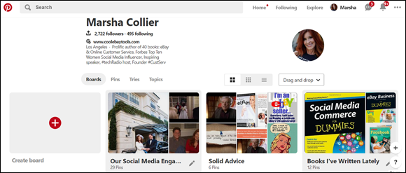 Screen capture of Marsha Collier’s Pinterest account home page with Boards: Our Social Media Engagement, Solid Advice, and Books I’ve Written Lately.