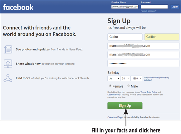 Screen capture of the Sign Up area of Facebook home page with Name, Email accounts, Birthday, Sex, Terms and Policies, and Sign Up button.