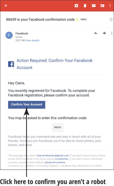 Screen capture of the Confirmation email from Facebook with the confirmation number 88659 and Confirm Your Account button.