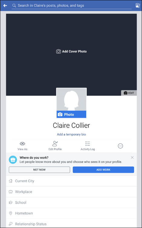 Screen capture of the Facebook page with Add Cover Photo, Photo, Add Temporary Bio, Where do you work, and other details.