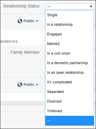 Screen capture of the drop-down menu listing the ways in which one can set the Relationship Status in Facebook.