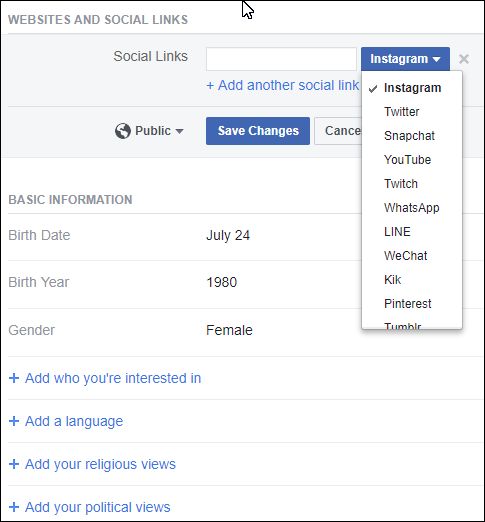 Screen capture of the Websites and Social Links dialog of Facebook with a drop-down menu listing Social links including Instagram, YouTube, Twitter, Snapchat, and so on.