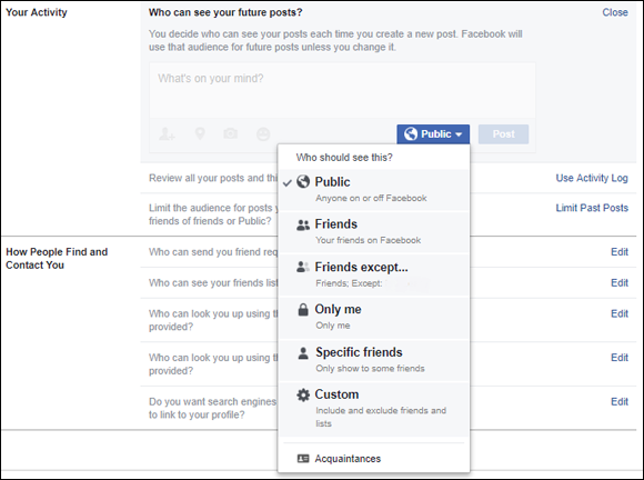 Screen capture of Who can see your future posts? Option on Facebook with a drop-down menu listing Public, Friends, Friends Except…, Only me, Specific Friends, Custom, and Acquaintances.