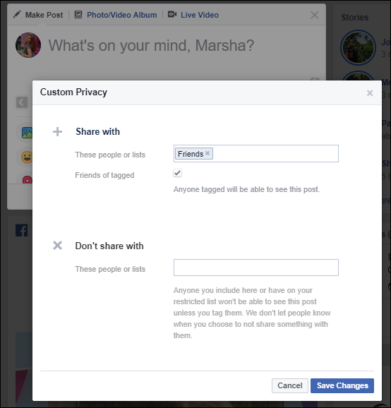 Screen capture of Custom Privacy dialog on Facebook with Share with and Don’t Share with options. 