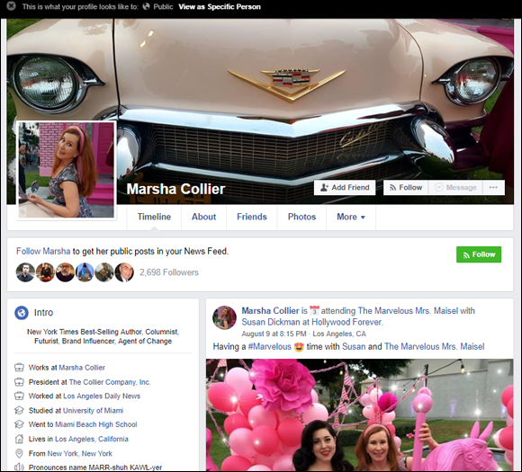 Screen capture of Marsha Collier’s Facebook page with the text at the top This is what your profile looks like to the public and “View as specific person” option.