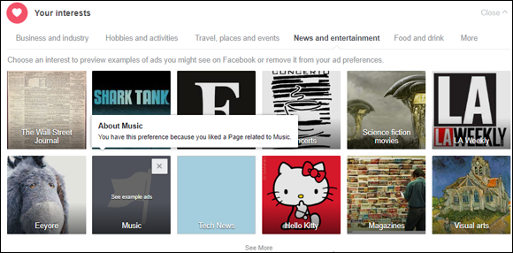 Screen capture of Your Interests page on Facebook with picture tiles listing of different topics classified in different categories including News and Entertainment and Music.