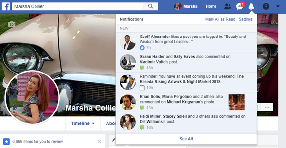 Screen capture of the list of Notifications on a Facebook page with icon of a bell at the top and See All option at the bottom.