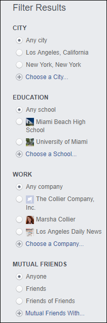 Screen capture of Advance Search Filter Results dialog on Facebook with options for City, Education, Work, and Mutual Friends.