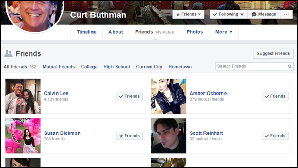 Screen capture of Curt Buthman’s profile on Facebook with All Friends listed and Mutual Friends option at the right.
