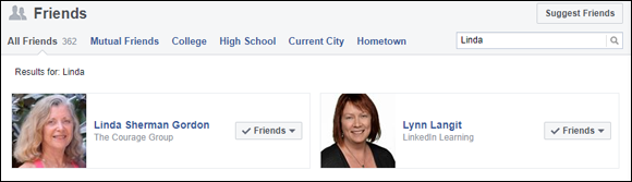 Screen capture of Curt Buthman’s profile on Facebook with Linda entered in the Search box and Results for Linda listed.