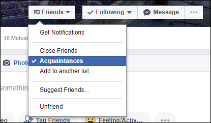 Screen capture of a Facebook page with Friends option with Acquaintances selected a drop-down menu including Close Friend and Unfriend options.