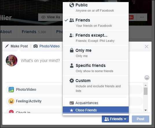 Screen capture of a Facebook post with Friends option with Friends selected a drop-down menu including Close Friends and Acquaintances.