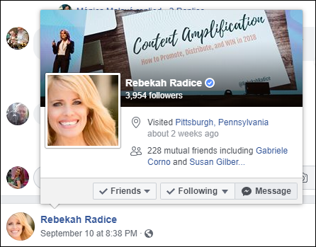 Screen capture of Rebekah Radice’s dialog on Facebook with Friends, Following, and Message options at the bottom of the cover photo.