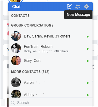 Screen capture of Chat box on Facebook with a vertical box that you can scroll to see your friends who are logged on marked by a green circle at the right.