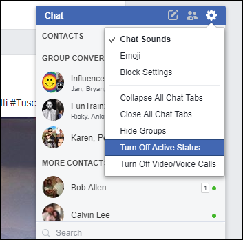 Screen capture of Chat box on Facebook with a drop-down menu listing Turn Off Active Status, Chat Sounds, Emoji, and other options.