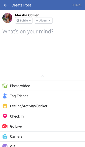 Screen capture of Create Post dialog on Facebook with What’s On Your Mind text box at the top and Photo/Video and other options below.