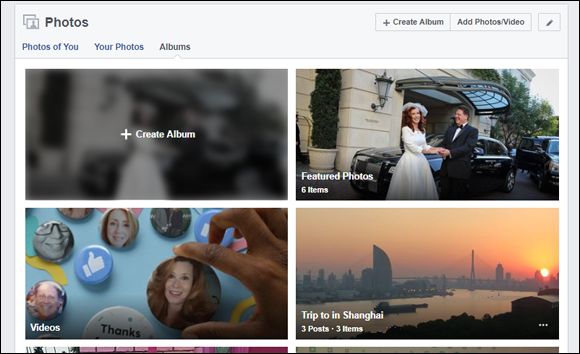 Screen capture of the Create Album dialog on Facebook with Albums selected and Create Album option with different categories including Featured Photos, Trip to in Shanghai, and Videos.