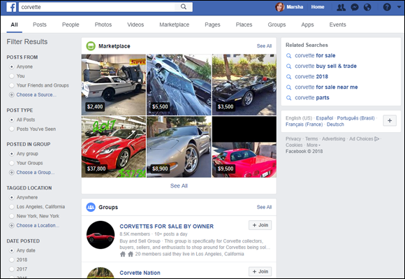 Screen capture of the Facebook page of Marsha Collier with photos of cars with price tags listed under Marketplace and Groups listed for the search “Corvette” in the search box.
