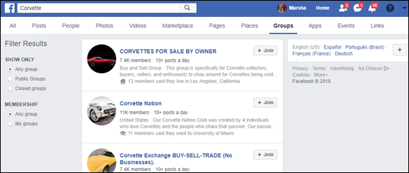Screen capture of the Facebook page of Marsha Collier with Groups listed with a Join button at the right for the search “Corvette” in the search box.