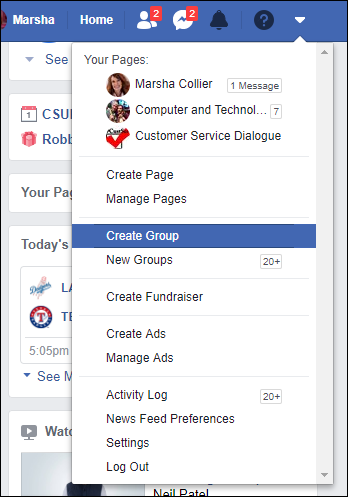 Screen capture of the Facebook page of Marsha Collier with a drop-down list under a small triangle at the top right in a navigation bar. The list includes Create Group option.