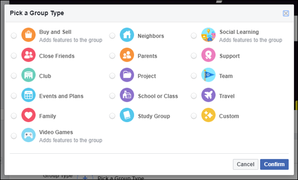 Screen capture of the Pick a Group Type dialog on Facebook with a list of Group Types and icons listed including Events and Families, Plans, and Club.