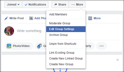 Screen capture of a bar on a dialog of a Group in Facebook with the options Edit Group Setting, Moderate Group, and Archive Group below Share button.