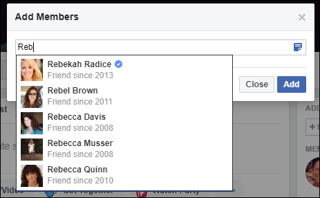 Screen capture of Add Members dialog on Facebook with a drop-down list below a Search box with the words Reb listing people names starting Reb.