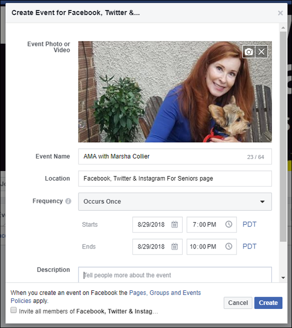 Screen capture of Create Event for Facebook, Twitter, &... dialog on Facebook with options for Event Photo/Video, Event name, Location, and Cancel and Create button.
