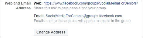 Screen capture of Web and Mail addresses dialog on Facebook with web address and mail address listed with Change Address button below.