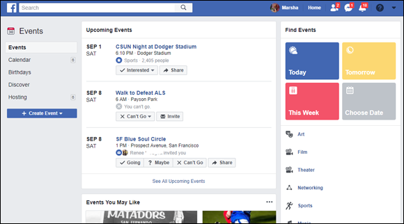 Screen capture of Events page on Facebook with Create Event button on the left side.