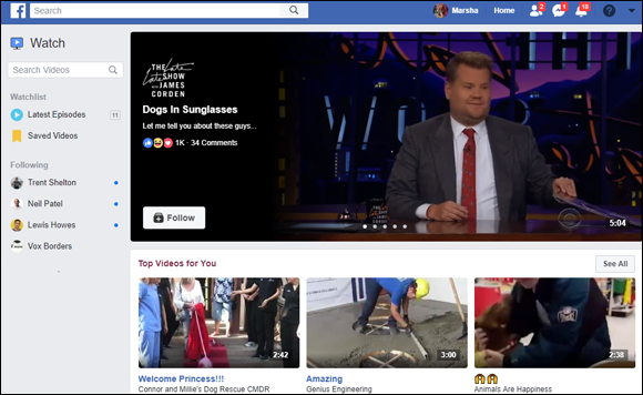 Screen capture of Watch page on Facebook with a list of videos titled Top Videos for You.