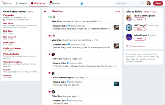 Screen capture of Notifications in a Twitter account with All and Mentions options and list of Tweets below.