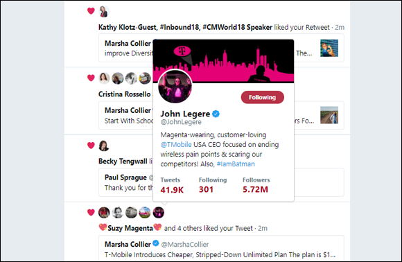 Screen capture of a list of Tweets in a Twitter account with a dialog of John Legere’s account over a selected Tweet.