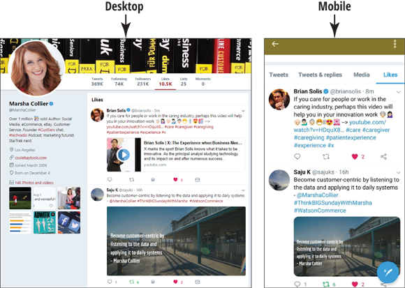 Screen captures of the Desktop and Moblie screens of Marsha Collier’s Twitter account home page that are wide with extended features and narrow with limited features, respectively.