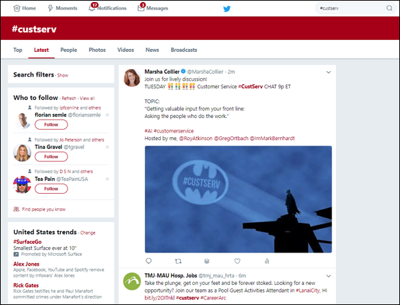 Screen capture of a search for #custserv in Twitter with a list of all Tweets with #custserv displayed with options for Search Filters, Who to Follow, Latest, and so on.