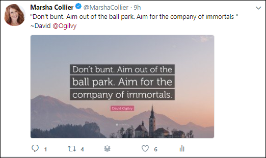 Screen capture of Tweet of quote and an image from Marsha Collier’s account with four Retweets and six Likes.