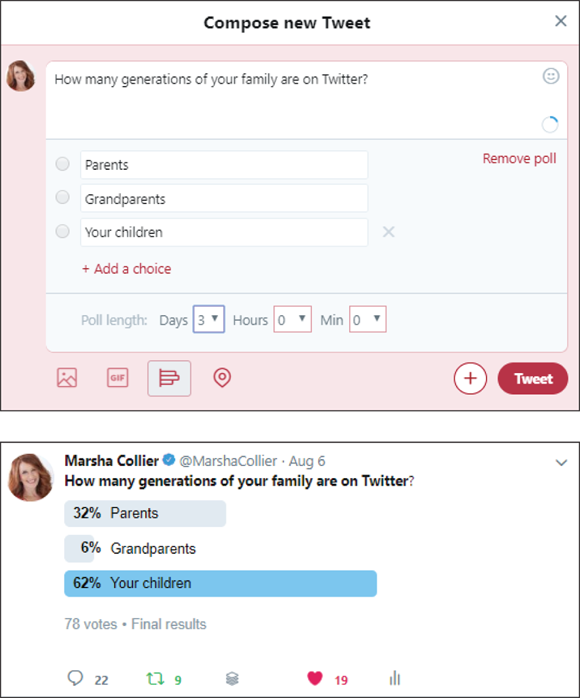 Screen captures of a poll in a Tweet with three options and the results of the poll with percentage values on a bar graph with total votes.