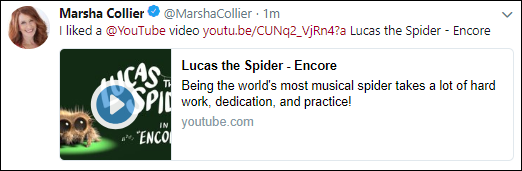Screen capture of Tweet of a YouTube video, Lucas the Spider - Encore, from Marsha Collier’s account with the link.