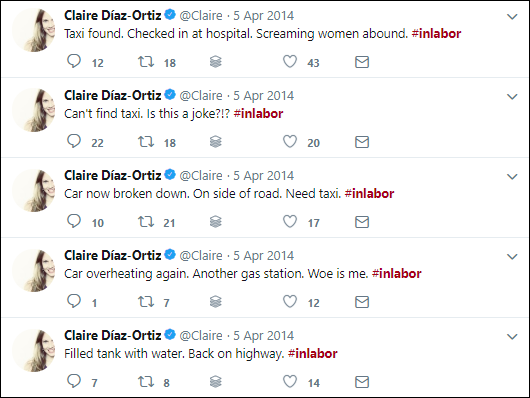Screen capture of a list of five Tweets of @Claire on 5 April 2014 with the messages #inlabor.