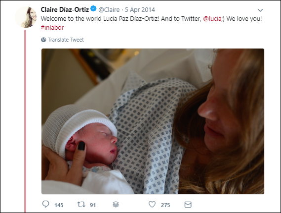 Screen capture of Tweet of a photo of a mother and child of @Claire on 5 April 2014 with message #inlabor.