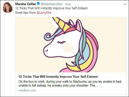 Screen capture of Tweet by Marsha Collier of a news story with a link with the title of the story, an image, and the link of the story below.