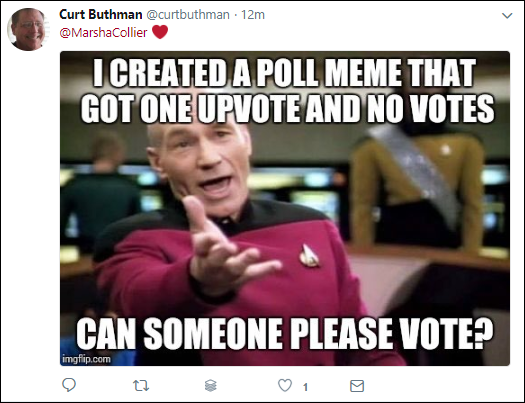 Screen capture of Tweet by Curt Buthman with a tag to Marsha Collier of a meme.