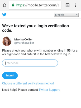 Screen capture of mobile phone screen with the URL mobile.twitter.com of Marsha Collier’s Twitter account with the verification confirmation sent to the email account.