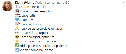 Screen capture of Diana Adams’ Tweet with different emojis at the start of every line of text.