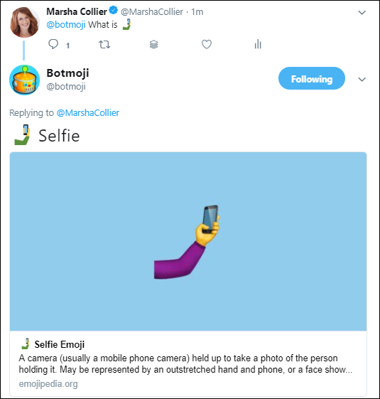 Screen capture of @botmoji replying to Emoji posted by Marsha Collier’s Twitter account with a related article from www.emojipedia.org.