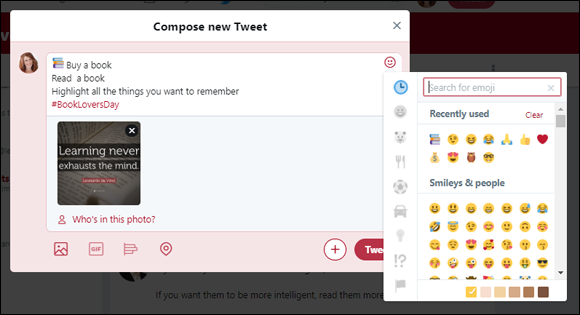 Screen capture of Compose new Tweet message box on Twitter with a dialog box with a list of emojis at the right below an icon of a outline of a round face.