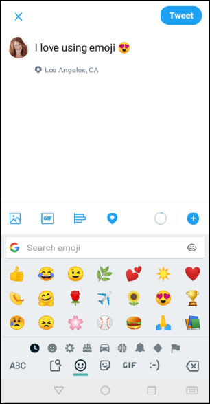 Screen capture of new Tweet message box on Twitter on a mobile with a dialog box with a list of emojis at below on the keypad.
