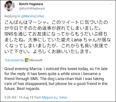 Screen capture of a Tweet translated into English from another language with the original on top and the translation at the bottom with the title Translated by Microsoft.