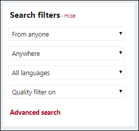 Screen capture of Search filters dialog on Twitter with options for From anyone, Anywhere, All languages, and Quality filter.